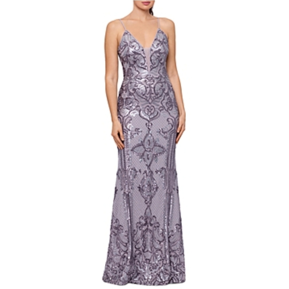 Aqua Silver Sequined V Padded Burst Evening Gown